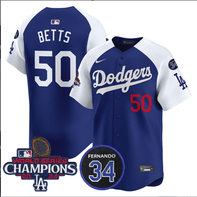 Men MLB Los Angeles Dodgers  #50 Betts blue 2024 World Series Champions Patch Limited Jersey style 3->los angeles dodgers->MLB Jersey